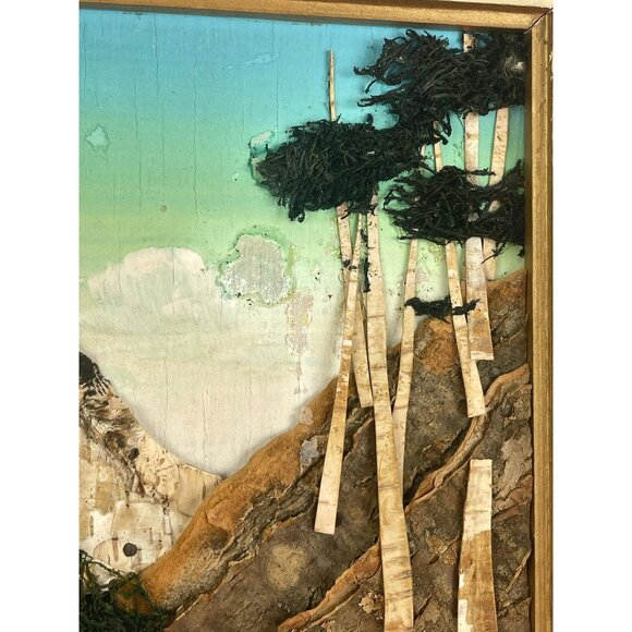 Vintage 1960s artwork, mix media organic 3D painting, bark moss landscape - Picture 5 of 10